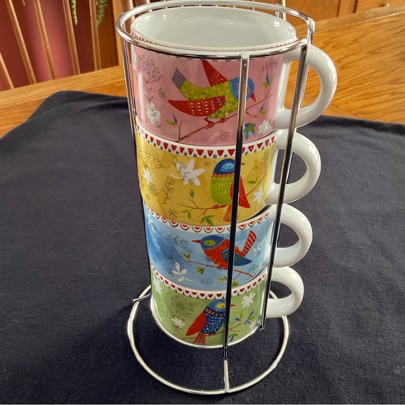 Pier 1 Dining Pier Stackable Birdfloral Stoneware Mugs Wchrome